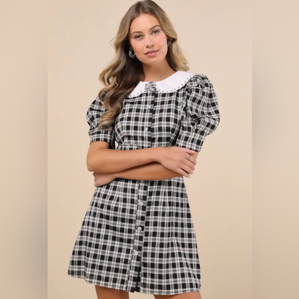 Sister Jane Quill Check Black Plaid Puff Sleeve Rhinestone Mini Dress, Med, Nwt